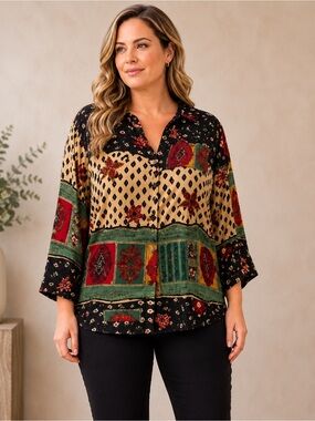 Patch Work Artsy Chic Box's Shape Vintage GOSSIP 22W Button-Up Blouse